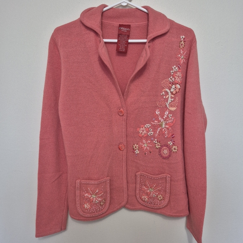 Olsen Europe Womens Quiet Lux Pink Merino Wool Blend Embroidered Cardigan Size M - Picture 2 of 5
